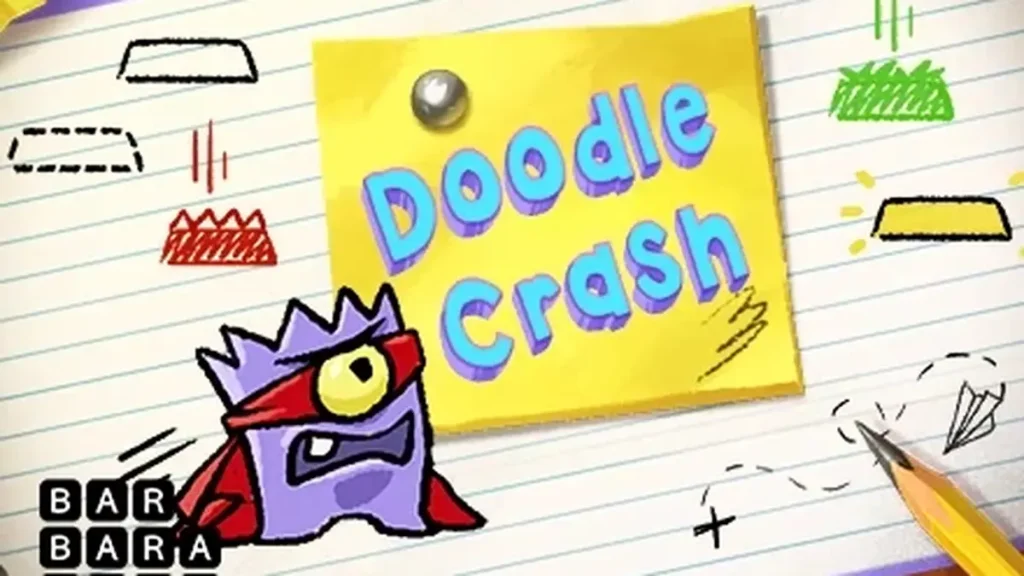 Tampilan antarmuka permainan Doodle Crash dengan desain visual yang modern.