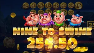 Pemandangan visual slot Huff n Puff CollectR dengan karakter babi dan elemen konstruksi