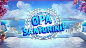Tampilan permainan slot Opa Santorini dengan latar belakang pulau Yunani yang indah
